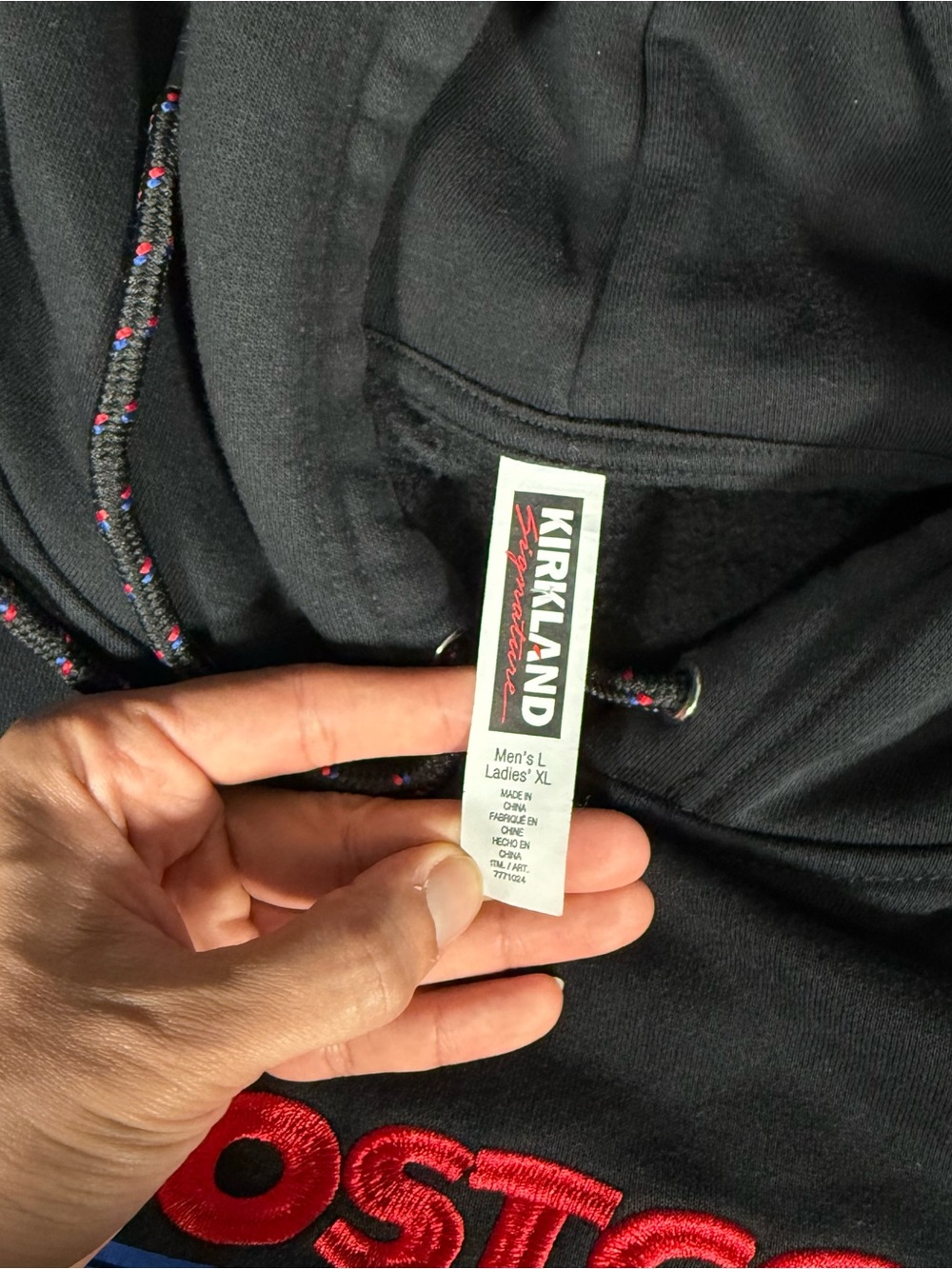 Costco Kirkland Embroidered Hoodie Mens Large Drawstring Washed Black - Picture 3 of 7